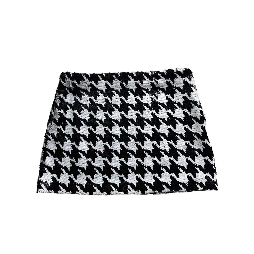 ZARA Black & White Sequined Houndstooth Mini Skirt Size L